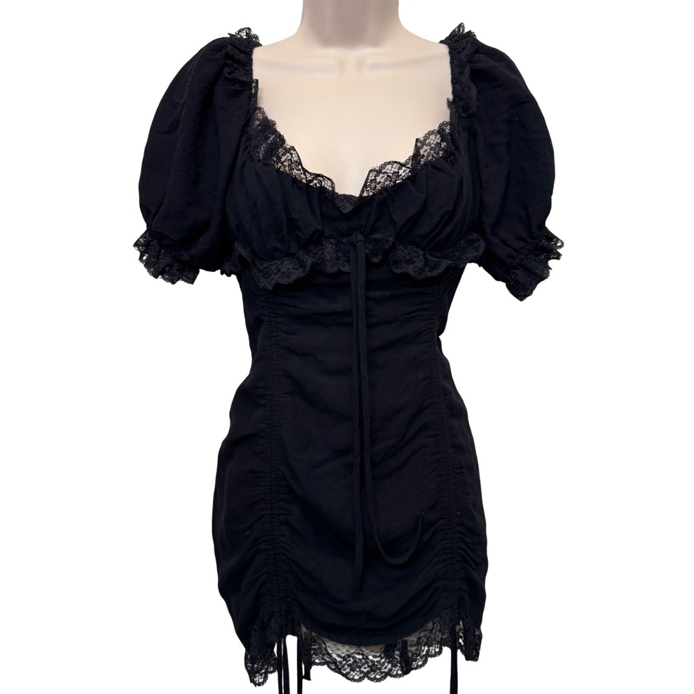 Mable Mini Dress M Black Lace Trim Ruched Puff Sleeve Milkmaid Emo Goth Lolita